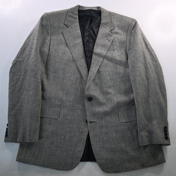 Vtg Hickey Freeman 46L Gray Herringbone Silk Tweed Mens Blazer Jacket Sport Coat